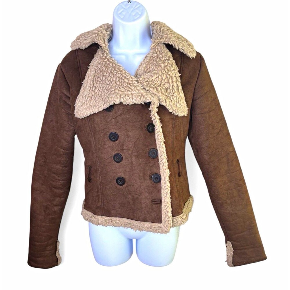Hot Kiss Faux Suede Sherpa Lined Aviator Jacket Double Breasted Size S